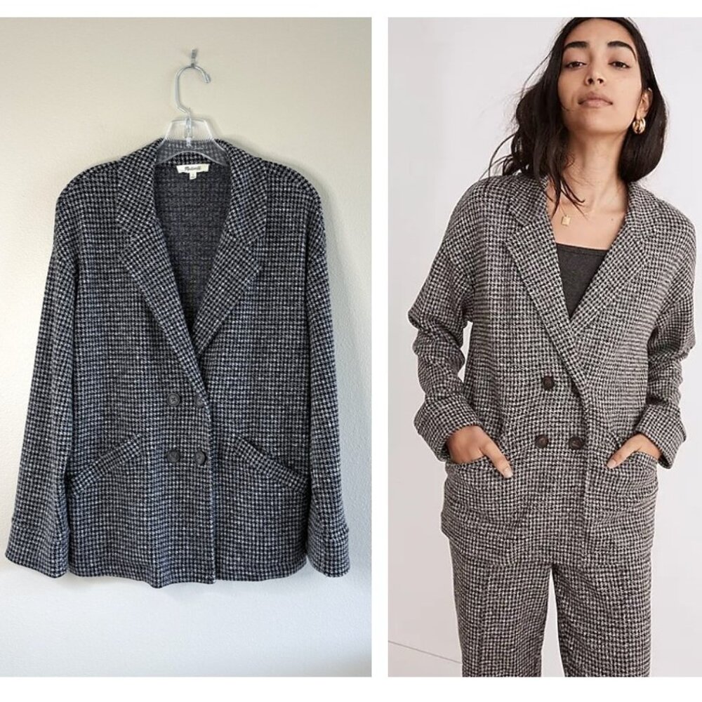 Madewell Black & White Houndstooth Double-Breasted Blazer